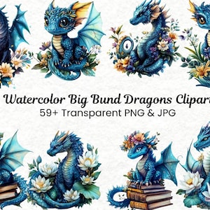 59 BIG BUND Dragons Watercolor Clipart | Fantasy Dragons PNG | Magical Fairytale Clipart | Instant Download | Paper Crafts & Junk Journals