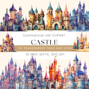 Castle Clipart | 110 Whimsical Fairytale Castles PNG | Watercolor Fantasy Castle Clipart for Card Making, Scrapbooking & Crafts