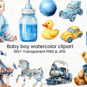 Pacchetto di clipart acquerellate di oggetti per neonati / Arte per la cameretta dei bambini, giostra, neonato e giocattoli 96+ PNG / Arte digitale per baby shower, uso commerciale