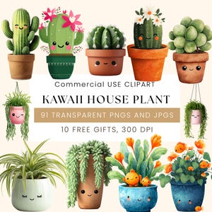 Watercolor Kawaii House Plant Clipart Bundle | Cute Plants & Succulent 91PNG | Kawaii Plant Stickers | Scrapbook Planner Clipart | Digital D