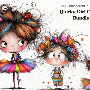 May include: A digital art bundle featuring three whimsical girl illustrations. Each girl has unique hairstyles with colorful accents, wearing vibrant outfits. The text "Quirky Girl Clipart Bundle" is displayed at the top.