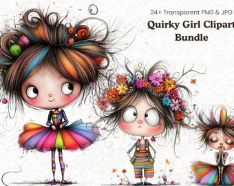 Schrullig Mädchen Clipart Bundle, wunderliche Aquarell Puppen, Fantasy Junk Journal Ephemera, kommerzielle Nutzung digitaler Download