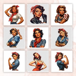 55+Rosie the Riveter Clipart Bundle | Vintage Woman Power | Girl Power | 1940s Retro | Strong Woman | WWII Decals | We Can Do It JPG and PNG