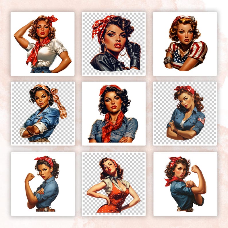 55+Rosie the Riveter Clipart Bundle | Vintage Woman Power | Girl Power | 1940s Retro | Strong Woman | WWII Decals | We Can Do It JPG and PNG