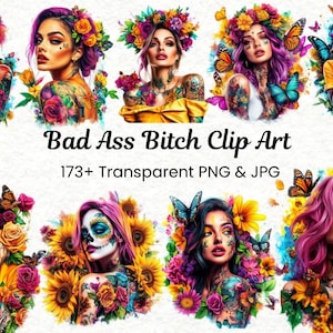 173 Bad Ass Bitch Clipart Bundle | Girl With Tattoos Art | Sublimation Designs | Create & Personalize | Commercial Use PNG
