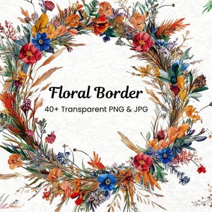 Floral Border Clipart Bundle | Watercolor Botanical Frame 40+PNG and JPG | Elegant Flower Borders | Digital Download for Invitations & Decor