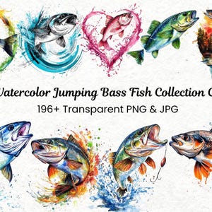 Watercolor Jumping Bass Fish Collection Clipart | 196 PNG Funny Bass Fish | Fishing Fish Clipart Bundle | Commercial Use