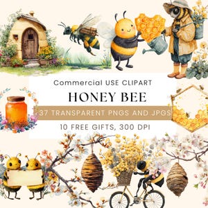 Honey Bee Clipart | Watercolor Bees  Honeycomb 37+PNG | Cute Yellow Flowers Clipart for Scrapbook & Digital Projects