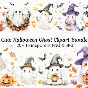 Raccolta di clipart di fantasmi di Halloween / 20 download digitali di alta qualità / Acquerello e tecniche miste / Artigianato di carta / Uso commerciale
