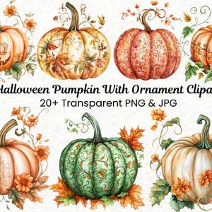 Zucca di Halloween con decorazioni Clipart / 20 immagini PNG acquerellabili stampabili / Download digitale / Carta artigianale e diari di carta / Uso commerciale
