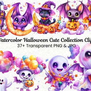 37 Watercolor Halloween Cute Collection Clipart | Ghost, Bat, Pumpkin PNG Bundle | Spooky & Adorable Halloween Graphics | Digital Download |
