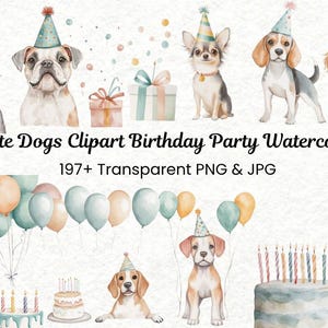 Clipart de cumpleaños de perro en acuarela (197 PNG) / Razas de cachorros de dibujos animados pastel / Invitaciones de fiesta para sublimación / Uso comercial / Descarga instantánea
