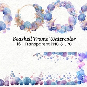 16 Watercolor Seashell Frames & Borders | Nautical Ocean Clipart PNG | Underwater Beach Theme | Digital Download