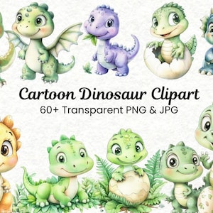 Cartoon Dinosaur Clipart | 60 PNG Baby Dino Clipart | Cute Dinosaur Birthday Party Decor | Dino PNG Bundle | Instant Download