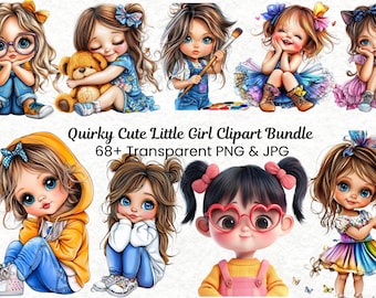 Aquarell kleines Mädchen Clipart Bundle | Skurrile Illustrationen (Printable JPG)