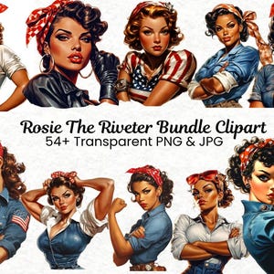 54+Rosie the Riveter Clipart Bundle | Vintage Woman Power | Girl Power | 1940s Retro | Strong Woman | WWII Decals | We Can Do It JPG and PNG