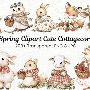 Spring Cottagecore Clipart | Watercolor Strawberry & Farm Animals PNG | Rustic Gingham, Baby Shower, Nursery, Digital Download, Commercial u