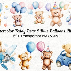Aquarell Teddy Bär & Blau | Baby Boy Party PNG | Teddy Bären Clip Art | Blaues Flugzeug Ballons | Jungen-Geburtstagsfeier-Grafiken | Digitales D