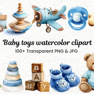 Baby Toys Watercolor Clipart | It’s a Boy 100+PNGs and JPGs | Baby Shower Clip Art | Nursery Wall Art | Blue Toy Bundle | Digital Download