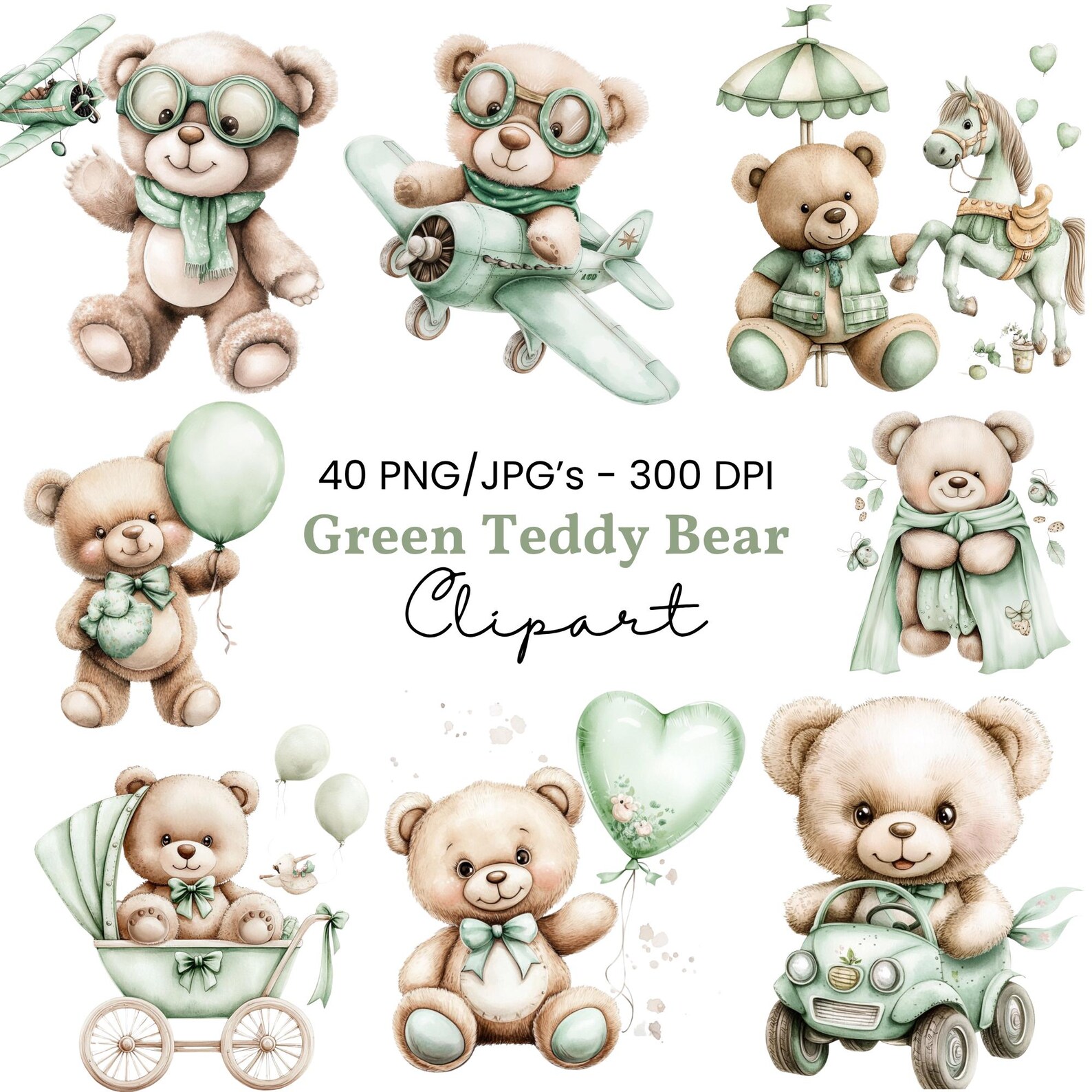 40 PNG & JPG Watercolor Teddy Bear Clipart – Green Baby Teddies Nursery ...