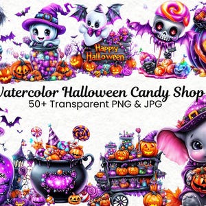 Watercolor Halloween Candy Shop Collection Clipart | 50 PNG Halloween Candy, Treats & Decorations | Happy Halloween Digital Clipart | Commer