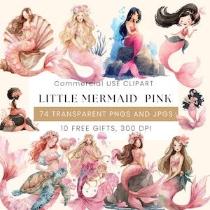 Little Mermaid Clipart Bundle | Cute Mermaid 74+PNG | Pink Under the Sea Watercolor Clipart | Girl Birthday & Baby Nursery Decor