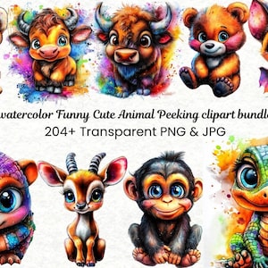 Raccolta di clipart di animali carini e divertenti ad acquerello che sbirciano / Stampe per bambini / Adorabili animali che sbirciano / Download digitale / Uso commerciale PNG e JPG
