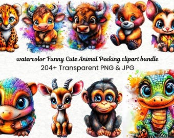Pacchetto di clipart di animali ad acquerello / 204 divertenti PNG e JPG che sbirciano (download digitale)