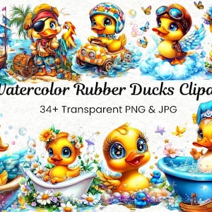 Watercolor Rubber Ducks Clipart Bundle | 34 PNG Colorful Bath Duck Graphics | Cute Bubble Toy Art | Fun Printable Ducks | Commercial Use