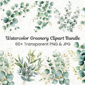 60 Watercolor Greenery Clipart | Eucalyptus & Gold Foliage PNG and Jpg | Botanical Wedding Clipart, Premade Leaves | Digital Download