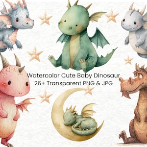 26 Cute Watercolor Baby Dinosaur Clipart | Neutral Baby Dragon PNG Bundle | Nursery Wall Art | Baby Shower Decor | Digital Download