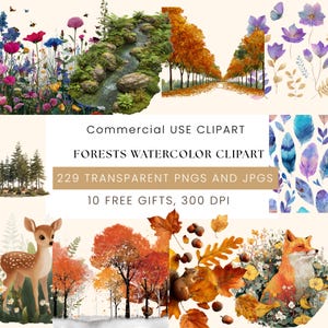 Forests Watercolor Clipart | Lush Green Trees 229+PNG Bundle | Nature Landscape, Woodland Scene | Digital Download