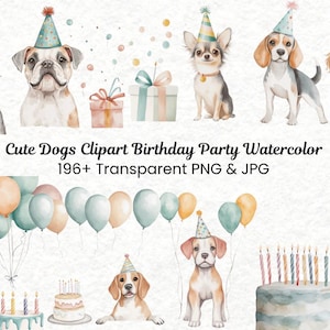 Watercolor Dog Birthday Clipart 196 PNG | Pastel Cartoon Puppy Breeds | Party Invitations Sublimation | Commercial Use | Instant Download