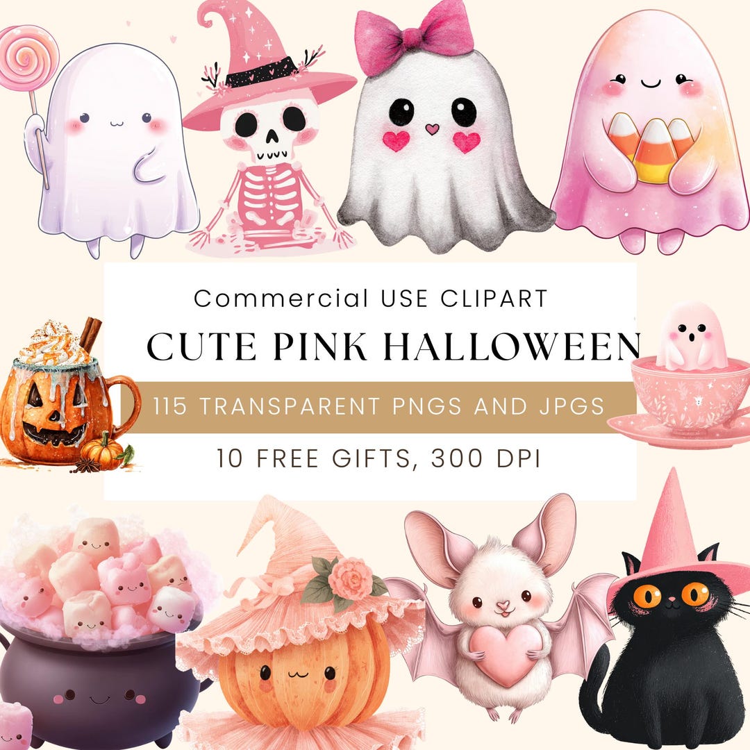 Cute Pink Halloween Clipart Bundle | Pastel Ghost, Pumpkin, Witch Hat ...