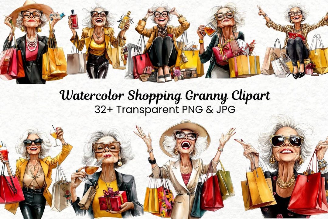 Watercolor Shopping Granny Clipart Bundle | Senior Lady PNG JPG ...