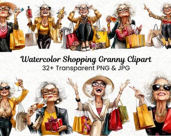 Aquarell Shopping Oma Clipart Bundle | Ältere Dame PNG JPG (Instant Download)