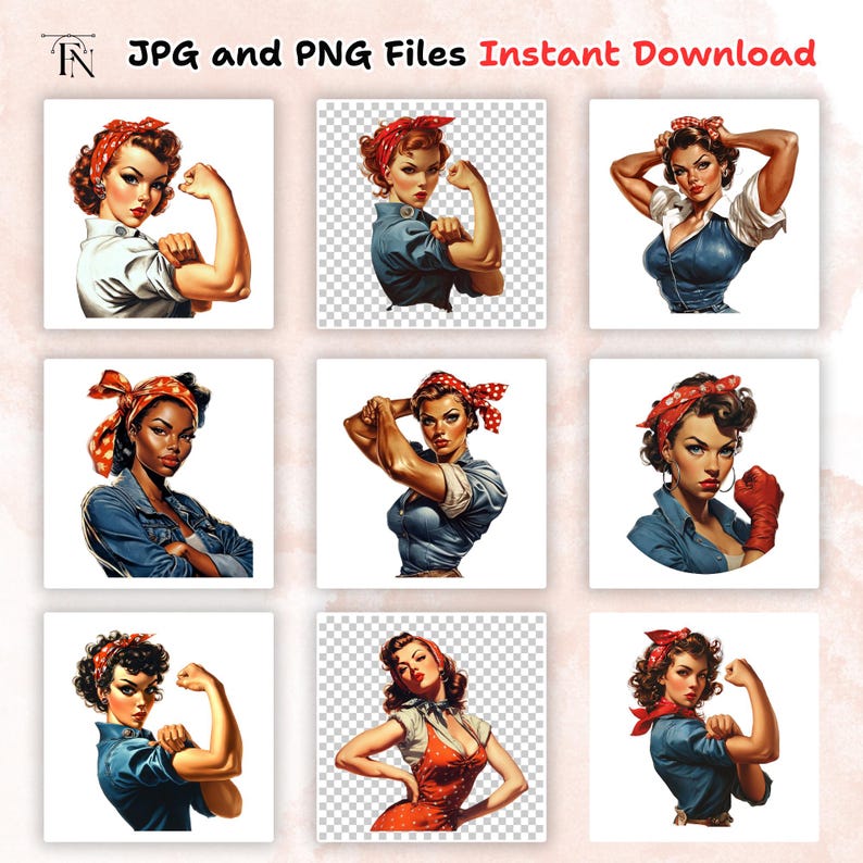 55+Rosie the Riveter Clipart Bundle | Vintage Woman Power | Girl Power | 1940s Retro | Strong Woman | WWII Decals | We Can Do It JPG and PNG