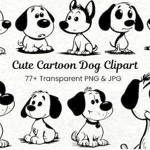 Cute Cartoon Dog Clipart Bundle | 77 PNG Puppy Illustrations | Black and White Dog Graphics | Dog Line Art | Commercial Use