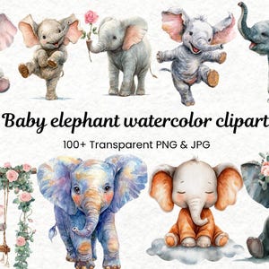 Cute Baby Elephant Watercolor Clipart | Cute Little Elephant 100+PNG & JPG| Girl Nursery Wall Art | Baby Shower Decor | Digital Download