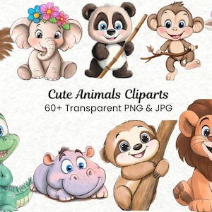 60 Cute Safari Animals Clipart | Watercolor Baby Animal PNG Bundle | Nursery Decor | Baby Shower Art | Birthday Sublimation | Commercial Use
