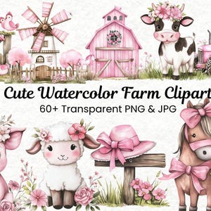 Cute Farm Watercolor Clipart | Pink Farm Animals Clipart | Baby Animal 60+PNG | Farm Animal Stickers | Barn, Chicken, Horse | Commercial Use
