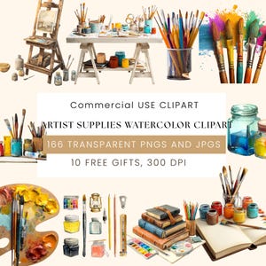 Watercolor Artist Supplies Clipart | Paint Brushes, Palettes, Paint Tubes PNG | Art Studio Clipart Set | Creative Tools | Digital Download