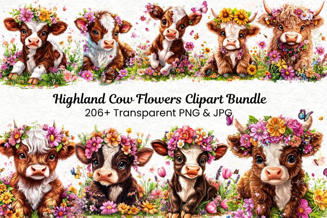 206 Highland Cow Flowers Clipart Bundle | Scottish Happy Highland Cow ...