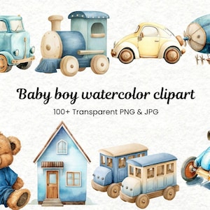 Baby Boy Watercolor Clipart | Wooden Toys 100+PNG and JPG | Transport Clip Art | Nursery Decor | Baby Shower | Digital Download, Junkjournal
