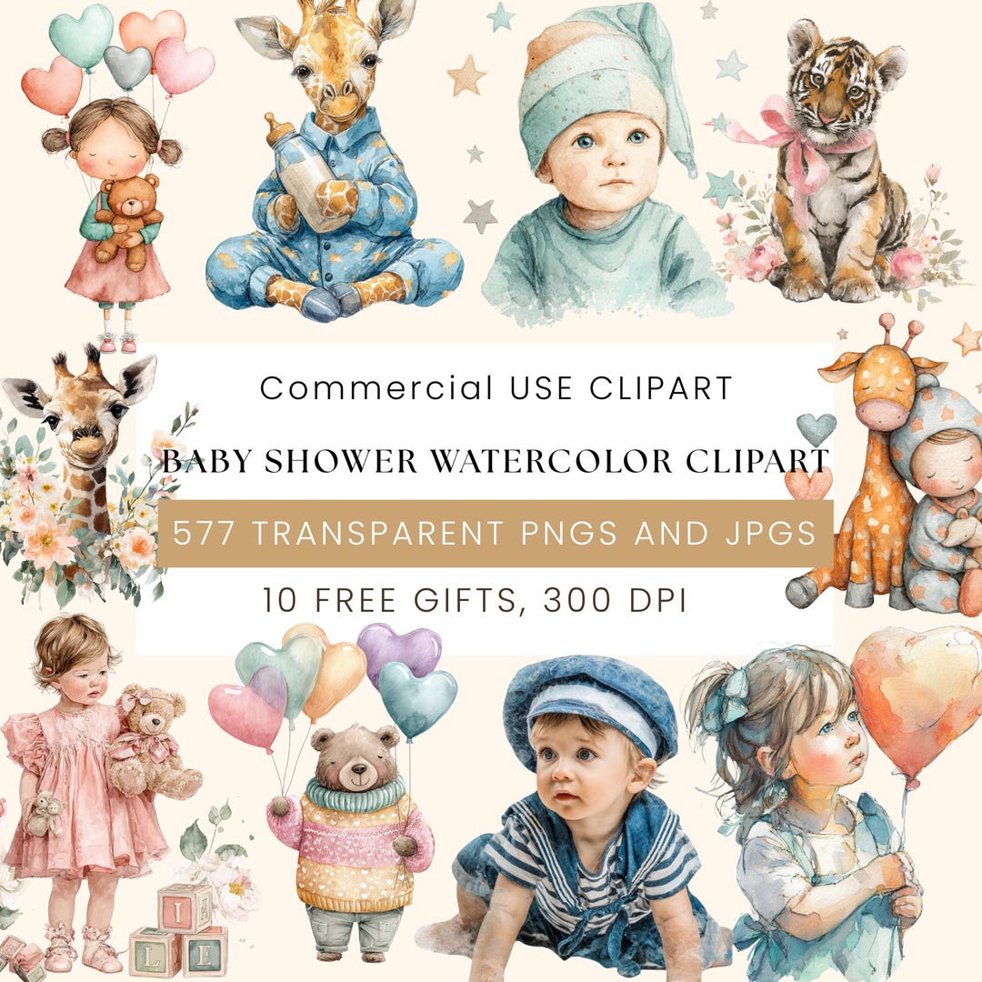 Baby Shower Watercolor Clipart Bundle | Cute Baby Elements 577+PNG ...