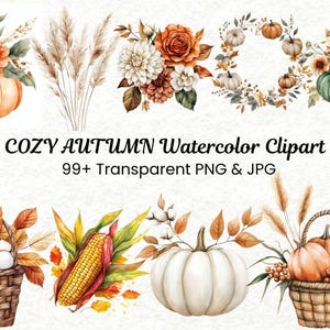 99 Cozy Autumn Watercolor Clipart | Boho Fall PNG | Pumpkin Clipart | Watercolor Autumn Decor | Boho Autumn Aesthetic | Commercial Use