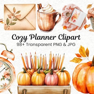 98 Cozy Planner Clipart | Watercolor Fall Book Lover Clipart | Boho Autumn PNG Bundle | Bookworm Journaling Stickers | Commercial Use
