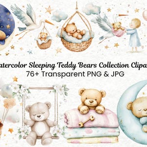 Watercolor Sleeping Teddy Bears Clipart Collection | 76 PNG Boho Teddy on the Moon | Dreamy Nursery & Baby Shower Art | Commercial Use | Ins