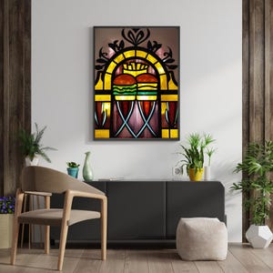 Hamburger & Fries Stained Glass Poster | Fast Food Window Art | Digital Wall Print for Kitchen or Restaurant Decor.