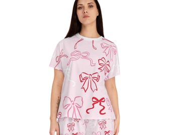 Pyjama court avec nœud pour la Saint-Valentin, cadeau de Saint-Valentin, joli pyjama pour elle, vêtements de nuit pour les fêtes, ensemble de pyjama lounge, ensemble de pyjama pour femme